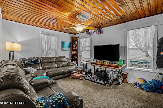 carpeted living room with ceiling fan and wood ceiling