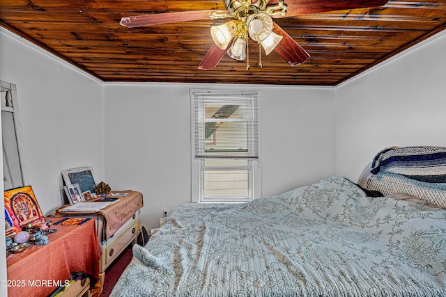 bedroom featuring wooden ceiling and a ceiling fan