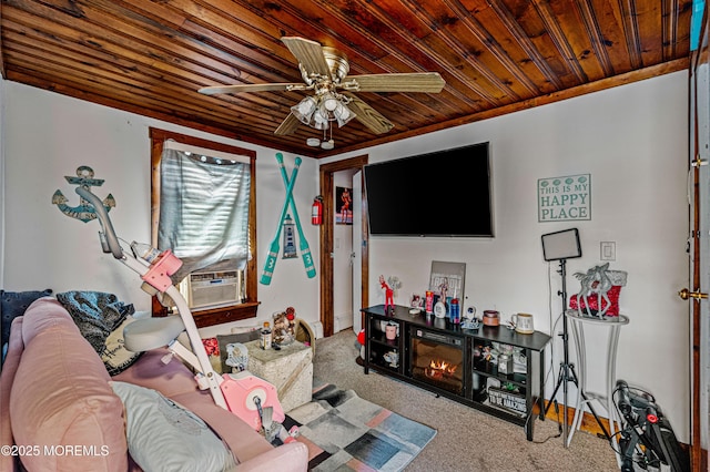 living area featuring carpet, cooling unit, a ceiling fan, and wood ceiling