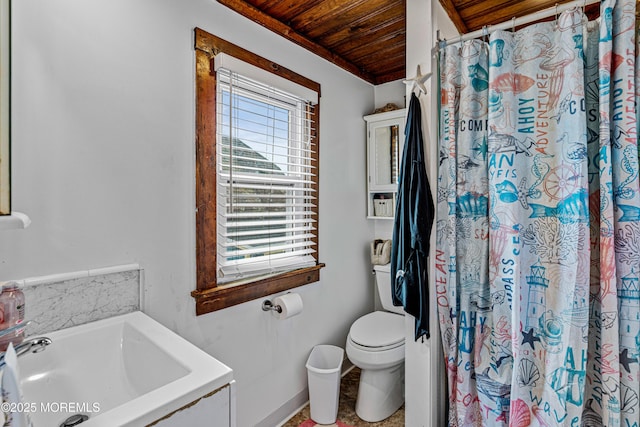 bathroom with a shower with curtain, toilet, wood ceiling, and a garden tub