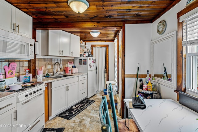 kitchen with a sink, open shelves, white appliances, and wooden ceiling