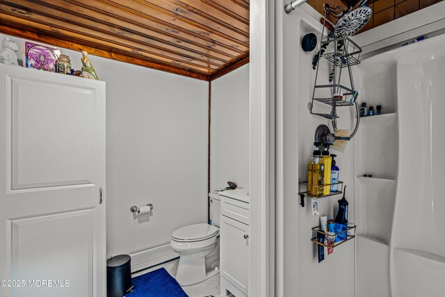 bathroom featuring baseboard heating, wood ceiling, and toilet