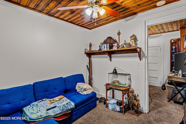 carpeted living area with wooden ceiling and ceiling fan