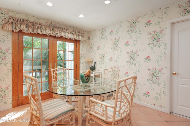 dining area with baseboards, recessed lighting, light tile patterned floors, and wallpapered walls