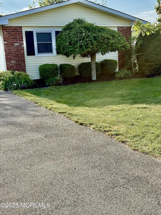 view of front of property featuring brick siding and a front lawn