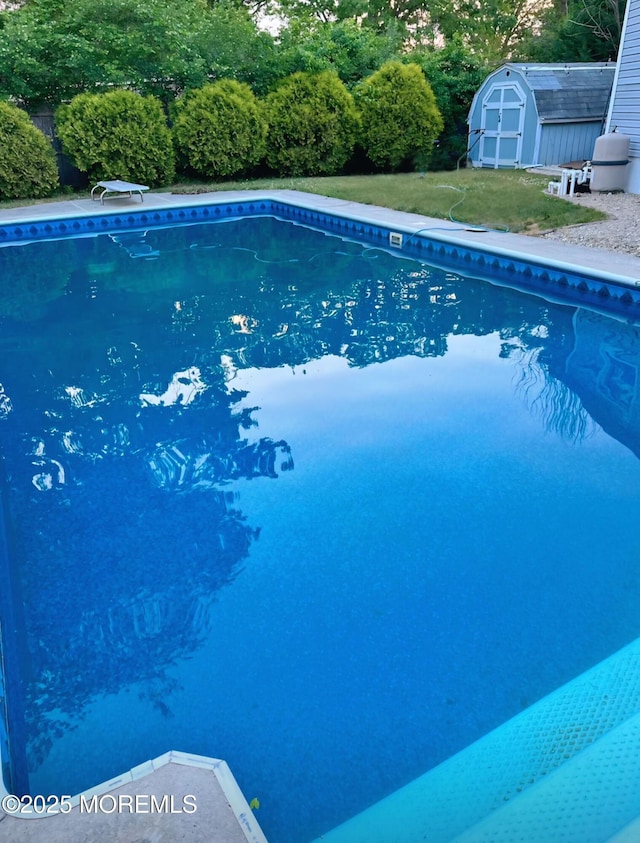 pool with a lawn, an outbuilding, and a storage unit