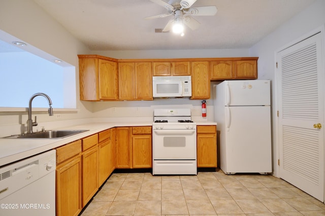 111 Watson Ct, Howell, NJ 07731 - kitchen featuring visible vents, a ceiling fan, white appliances, light countertops, and a sink