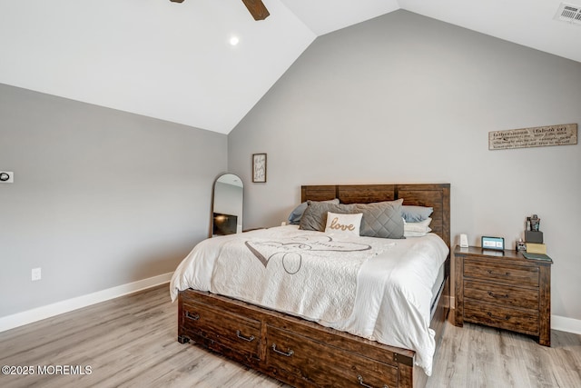 bedroom with high vaulted ceiling, a ceiling fan, baseboards, light wood-type flooring, and visible vents