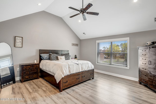 bedroom featuring recessed lighting, lofted ceiling, and light wood-style floors
