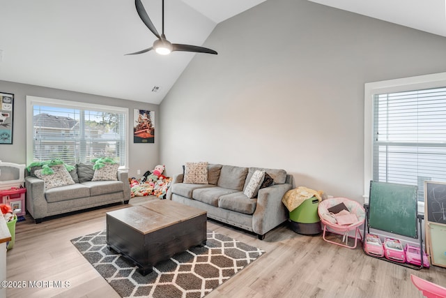 living room featuring high vaulted ceiling, ceiling fan, wood finished floors, and visible vents