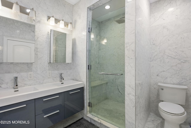 196 Highwood Rd, Oakhurst, NJ 07755 - bathroom featuring a sink, a stall shower, toilet, and tile walls