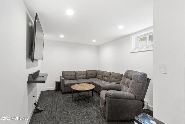196 Highwood Rd, Oakhurst, NJ 07755 - living room featuring recessed lighting, baseboards, and dark carpet