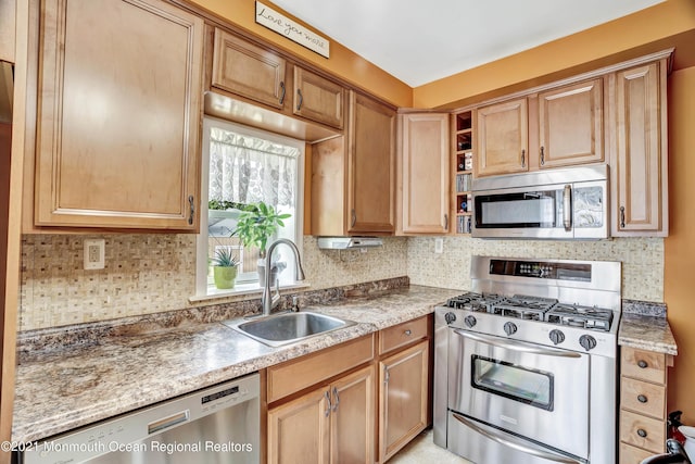 607 Willow St, Lakehurst, NJ 08733 - kitchen with appliances with stainless steel finishes, a sink, tasteful backsplash, and open shelves