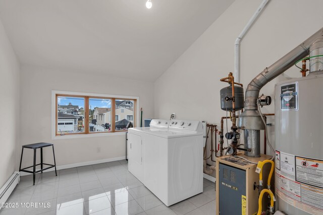 40 Anchorage Dr, Toms River, NJ 08753 - washroom with independent washer and dryer, water heater, a baseboard radiator, light tile patterned flooring, and a heating unit