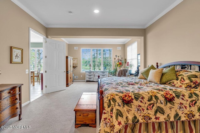 bedroom featuring light colored carpet, baseboards, and ornamental molding