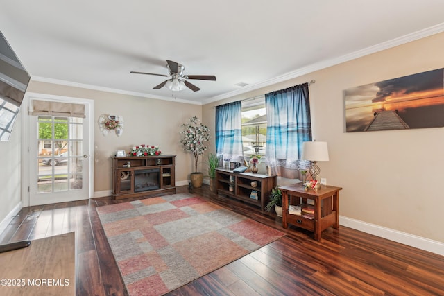 2024 Mount Carmel Blvd, Toms River, NJ 08753 - interior space featuring baseboards, ornamental molding, visible vents, ceiling fan, and hardwood / wood-style flooring