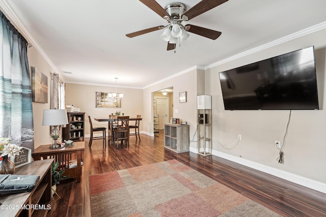 2024 Mount Carmel Blvd, Toms River, NJ 08753 - living area with crown molding, ceiling fan with notable chandelier, baseboards, and wood finished floors