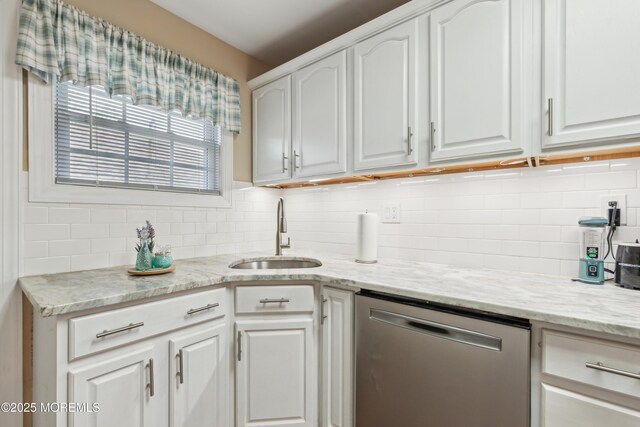 2024 Mount Carmel Blvd, Toms River, NJ 08753 - kitchen featuring a sink, stainless steel dishwasher, decorative backsplash, and white cabinets
