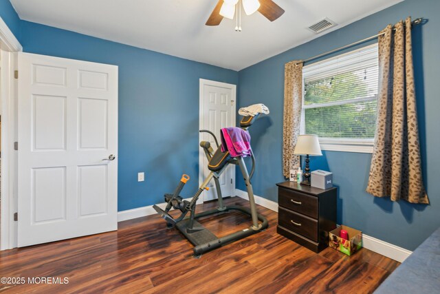 2024 Mount Carmel Blvd, Toms River, NJ 08753 - workout room featuring a ceiling fan, visible vents, wood finished floors, and baseboards