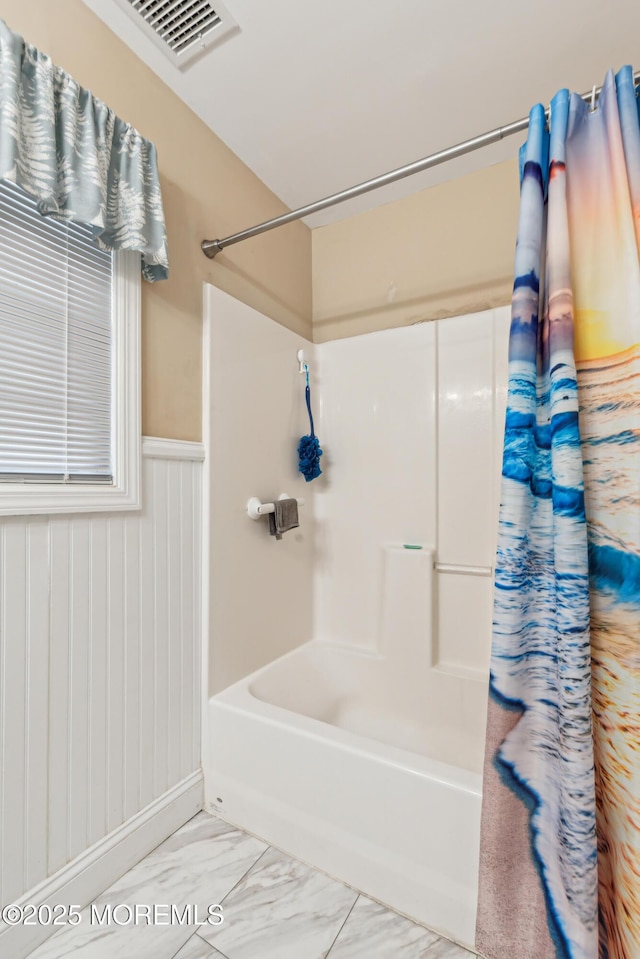 2024 Mount Carmel Blvd, Toms River, NJ 08753 - full bathroom with wainscoting, visible vents, marble finish floor, and shower / bath combination with curtain