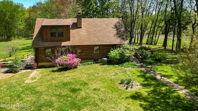 156 Baird Rd, Millstone, NJ 08535 - exterior space with stairs, a yard, and log siding