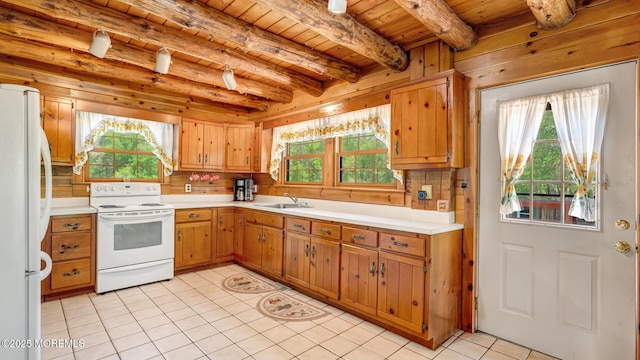 156 Baird Rd, Millstone, NJ 08535 - kitchen with white appliances, a sink, a healthy amount of sunlight, and wood ceiling