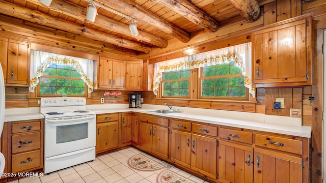 156 Baird Rd, Millstone, NJ 08535 - kitchen with white electric range, a sink, wood ceiling, and a wealth of natural light