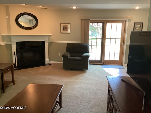 83 Campbell Ct, Freehold, NJ 07728 - carpeted living area with recessed lighting, baseboards, and a fireplace with raised hearth