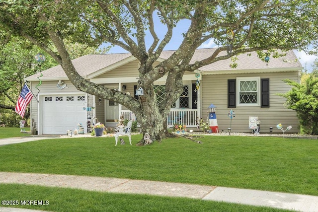 single story home featuring roof with shingles, an attached garage, a front yard, concrete driveway, and covered porch