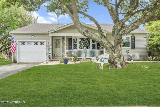 single story home featuring a porch, a garage, a front lawn, and concrete driveway