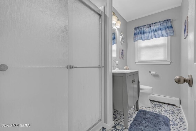full bathroom with baseboard heating, vanity, toilet, baseboards, and an enclosed shower