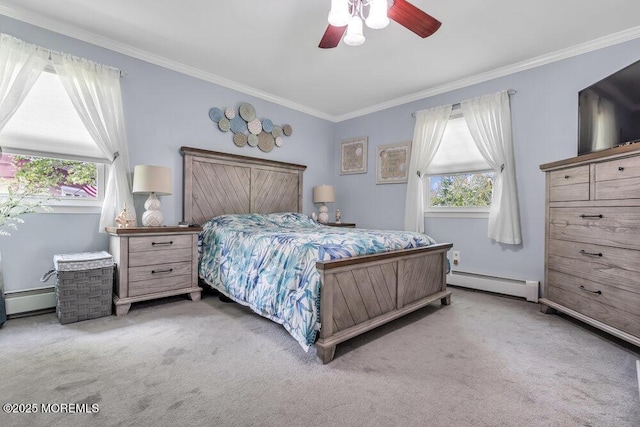 bedroom featuring carpet, crown molding, baseboard heating, and a baseboard radiator