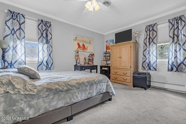 bedroom with crown molding, light carpet, visible vents, a ceiling fan, and a baseboard heating unit
