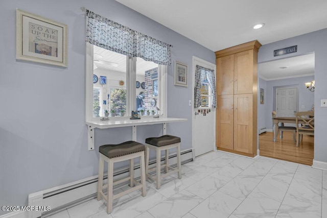 dining area with baseboard heating, marble finish floor, recessed lighting, baseboards, and a baseboard radiator