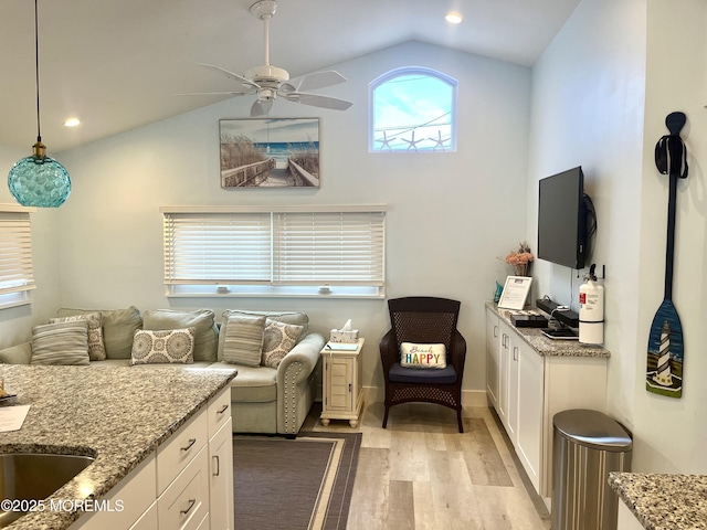28 E Marlin Way, Lavallette, NJ 08735 - living room featuring light wood-style floors, ceiling fan, recessed lighting, and lofted ceiling