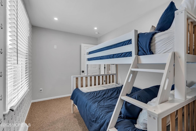 bedroom with carpet floors, recessed lighting, and baseboards