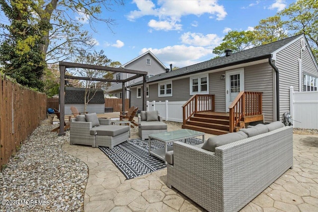 back of house with a patio, a fenced backyard, and an outdoor living space