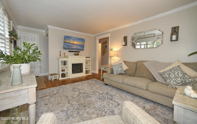 living area featuring a fireplace, crown molding, baseboards, and wood finished floors