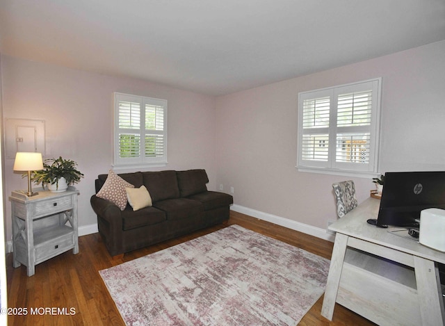 living area with baseboards and dark wood-style floors