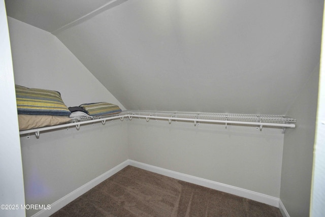 spacious closet with dark colored carpet and vaulted ceiling