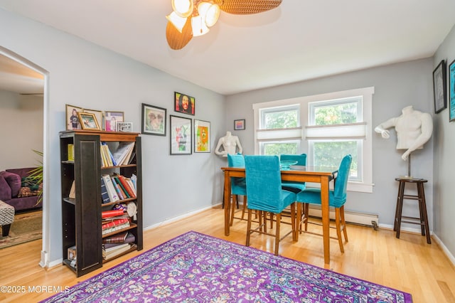 1118 Jeffrey St, Asbury Park, NJ 07712 - dining area with a baseboard heating unit, wood finished floors, ceiling fan, and baseboards