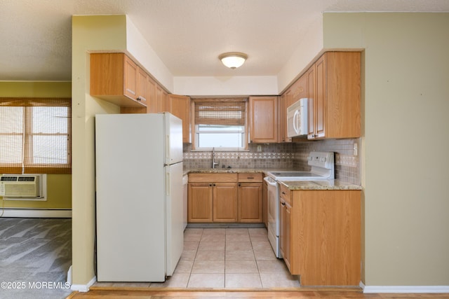 kitchen featuring a wall mounted air conditioner, a baseboard heating unit, white appliances, a sink, and backsplash