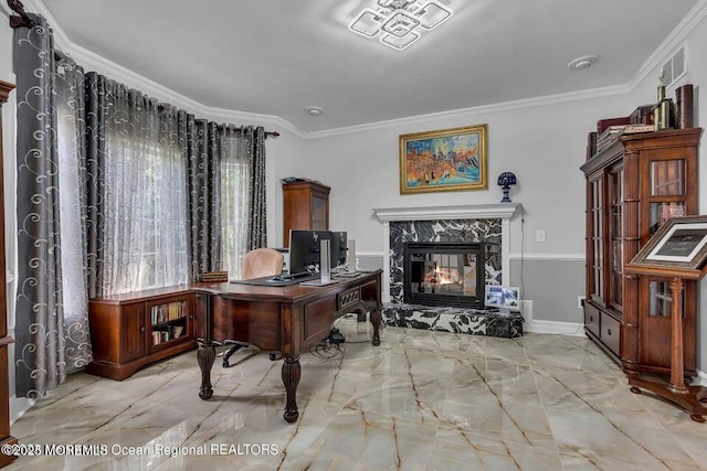 3688 Ridgeway Rd, Manchester, NJ 08759 - office with light marble finish floors, a fireplace, and ornamental molding