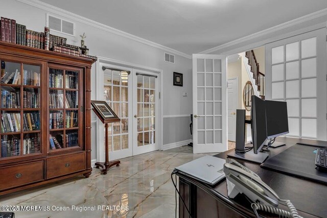 3688 Ridgeway Rd, Manchester, NJ 08759 - office with french doors, light marble finish floors, crown molding, and baseboards