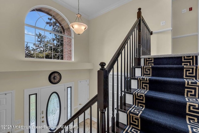 3688 Ridgeway Rd, Manchester, NJ 08759 - staircase with a high ceiling and ornamental molding