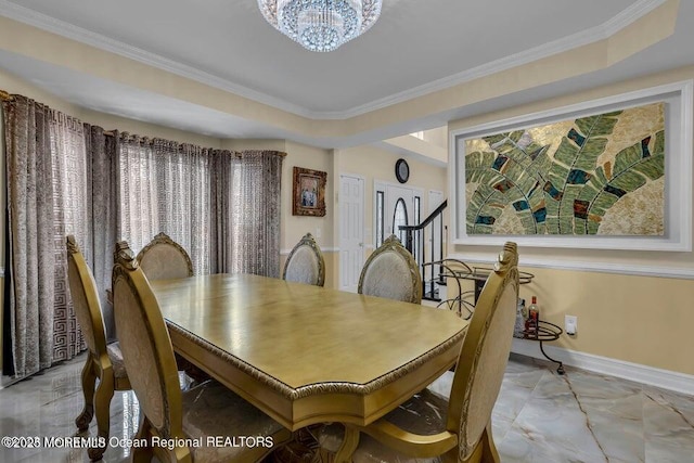 3688 Ridgeway Rd, Manchester, NJ 08759 - dining area featuring a chandelier, light marble finish flooring, baseboards, and ornamental molding