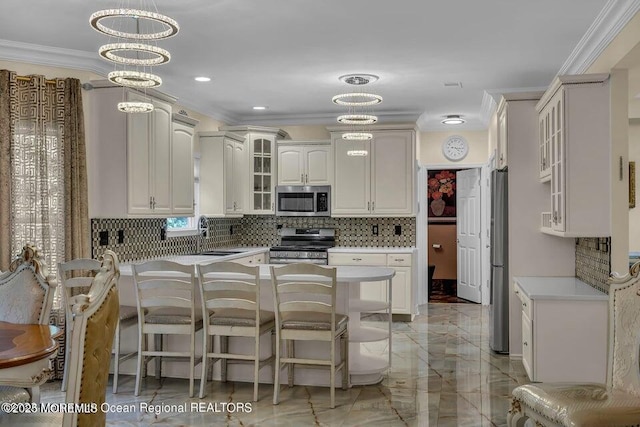 3688 Ridgeway Rd, Manchester, NJ 08759 - kitchen featuring stainless steel appliances, a sink, crown molding, light countertops, and glass insert cabinets