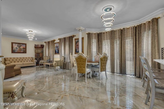 3688 Ridgeway Rd, Manchester, NJ 08759 - dining space with ornamental molding, marble tiled floors, a chandelier, and ornate columns