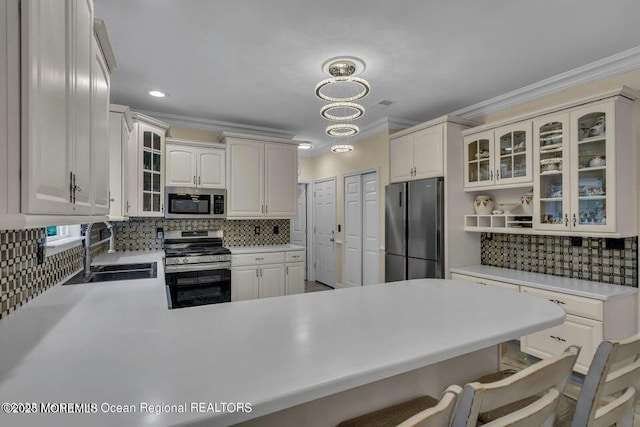 3688 Ridgeway Rd, Manchester, NJ 08759 - kitchen featuring appliances with stainless steel finishes, a sink, decorative backsplash, a peninsula, and light countertops
