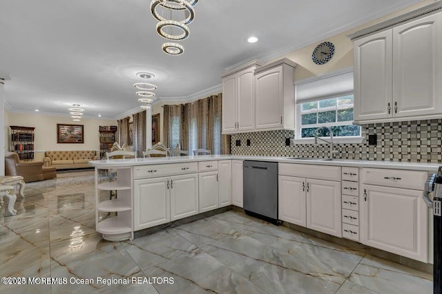 3688 Ridgeway Rd, Manchester, NJ 08759 - kitchen with stainless steel dishwasher, open floor plan, crown molding, a sink, and light countertops